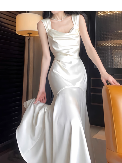 Elegant Mermaid Prom Dress Satin White Long Evening Dress YM1702