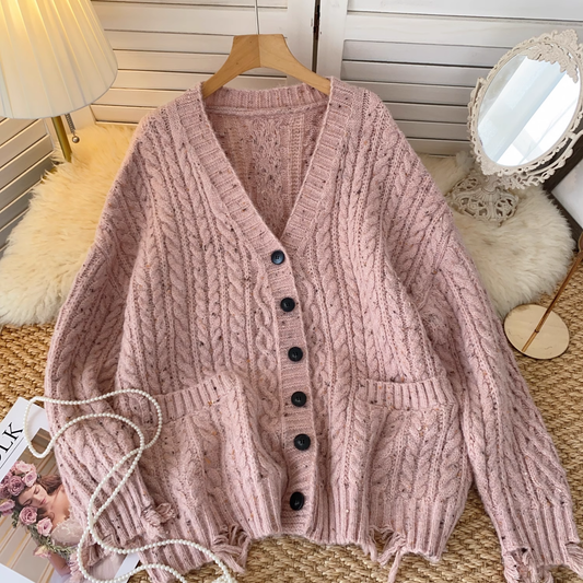 Lazy style sweater coat women autumn all-match cable knitted cardigan YM1584