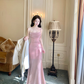Luxury Suspender Evening Dress Shiny Pink Slit Party Dress YM1700