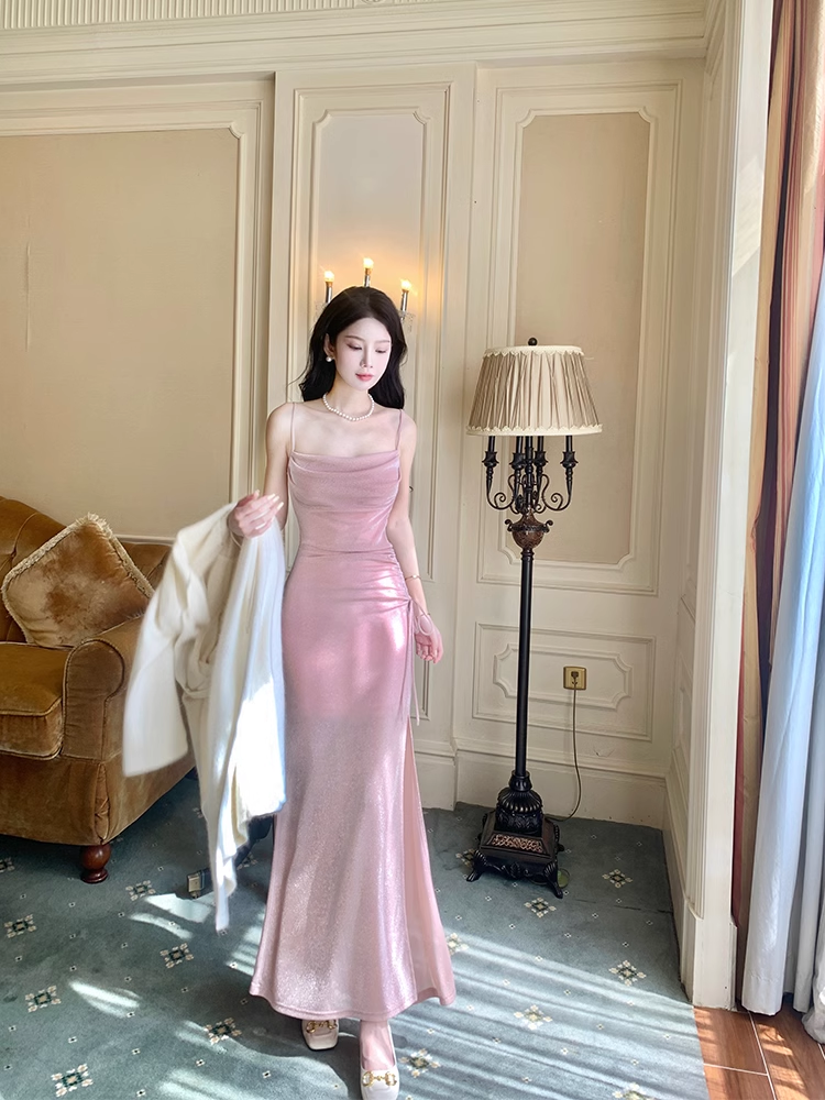 Luxury Suspender Evening Dress Shiny Pink Slit Party Dress YM1700