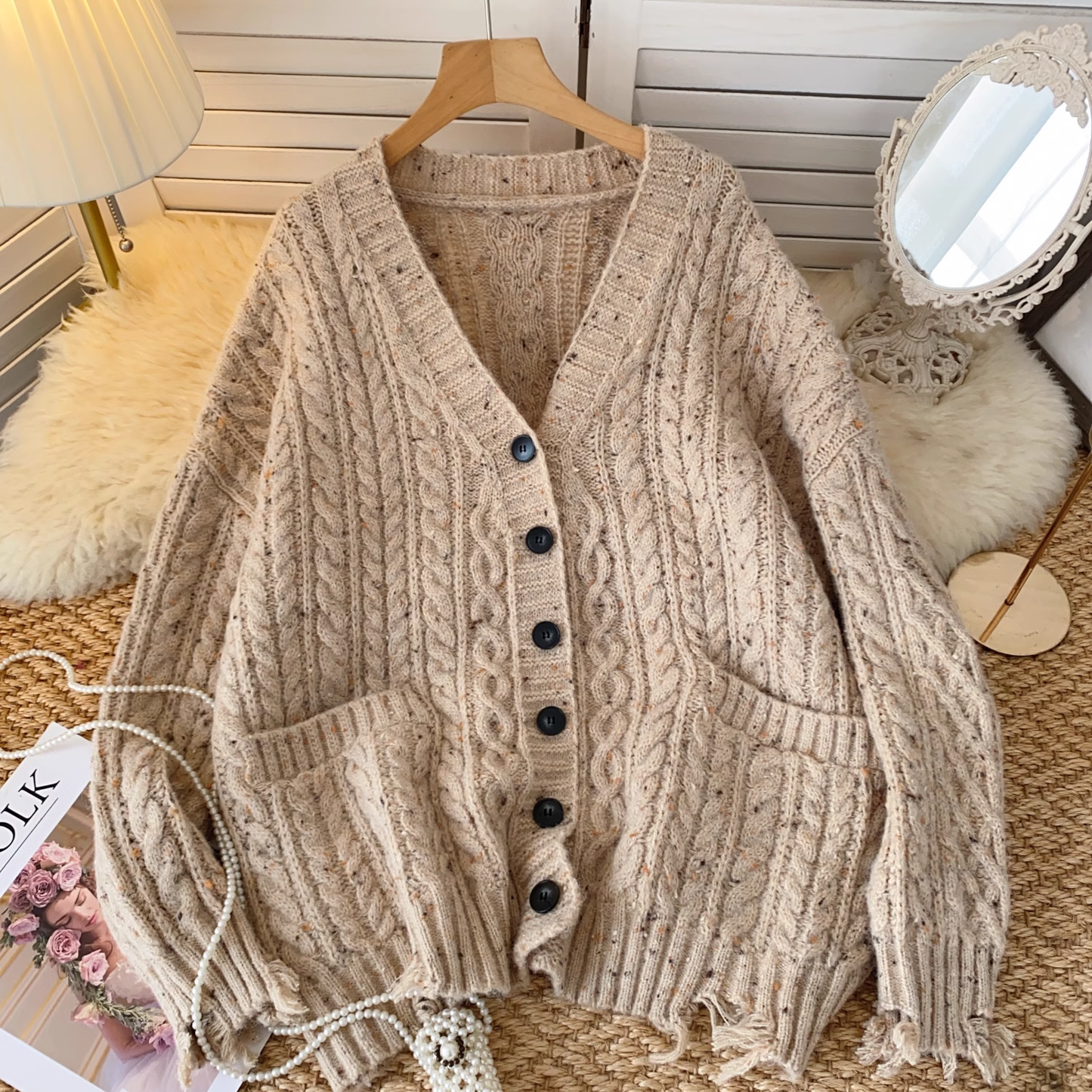 Lazy style sweater coat women autumn all-match cable knitted cardigan YM1584