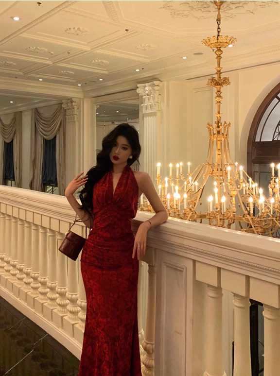 Sexy Red Halter Mermaid Prom Dress Print Floral Birthday Outfits YM1677