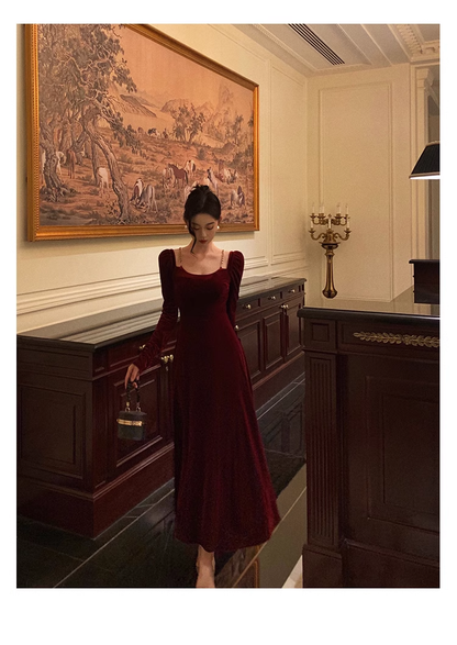 Red Velvet Dress Vintage Long Prom Dress YM1663