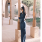 Retro-style Bell-sleeved Long Party Dress, Blue Sexy Tight Hip-hugging Dress YM1636