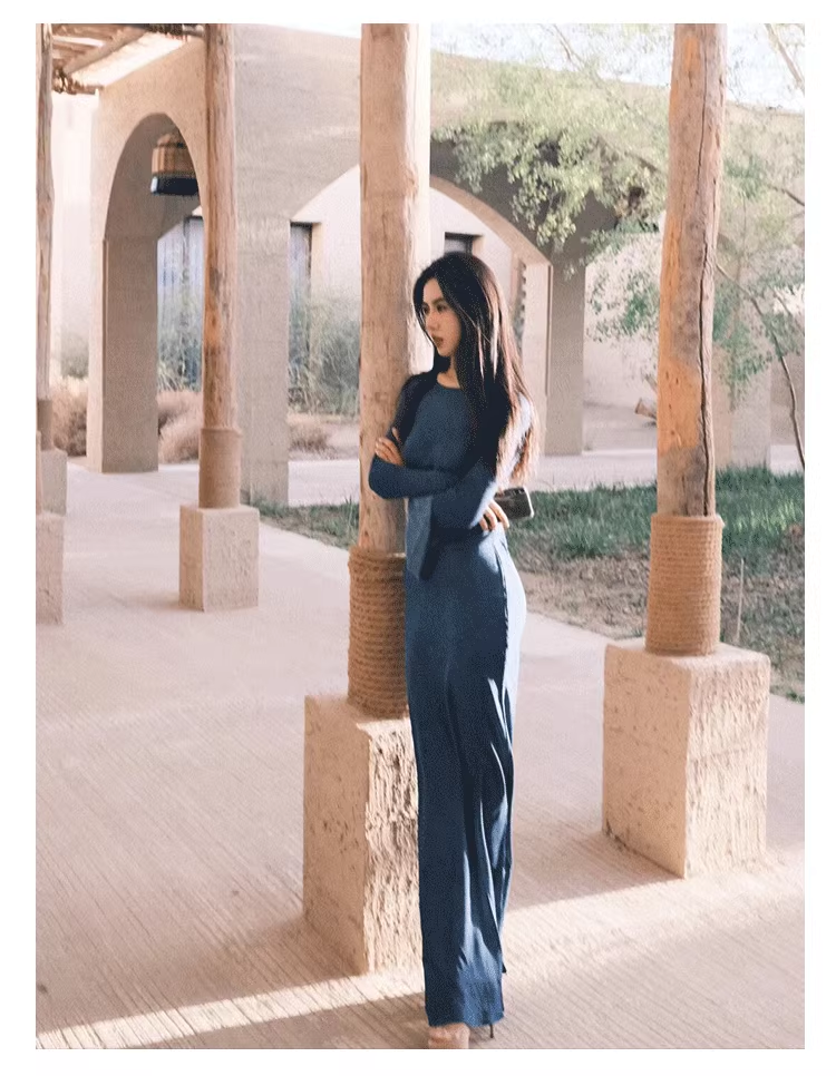 Retro-style Bell-sleeved Long Party Dress, Blue Sexy Tight Hip-hugging Dress YM1636