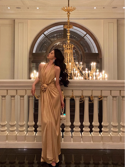French V-Neck Halter Dress Sexy Backless Evening Dress YM1670