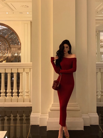 Red Off Shoulder Knit Dress Party Dress YM1669