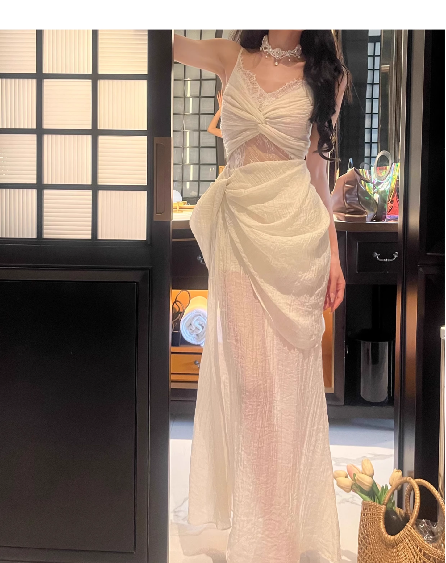 Sexy Lace Apricot Prom Dress Slit Pleated Party Dress YM1698