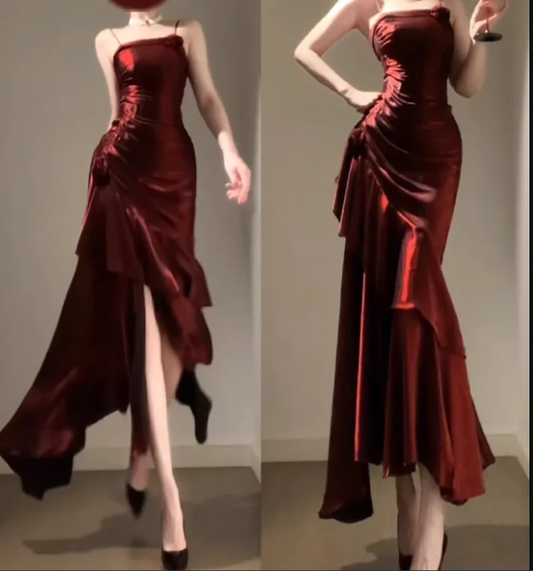Burgundy Mermaid Spaghetti Straps Prom Dress YM1601