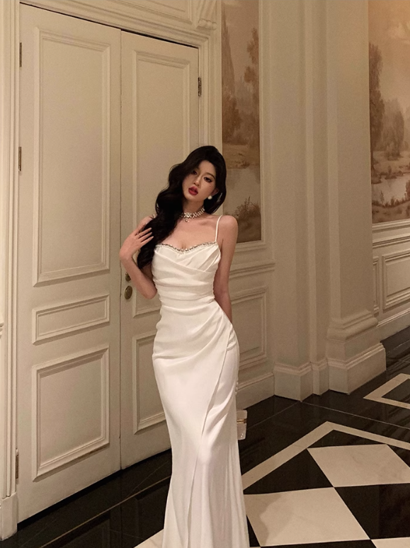 Elegant White Pleated Straps Mermaid Party Dress YM1666