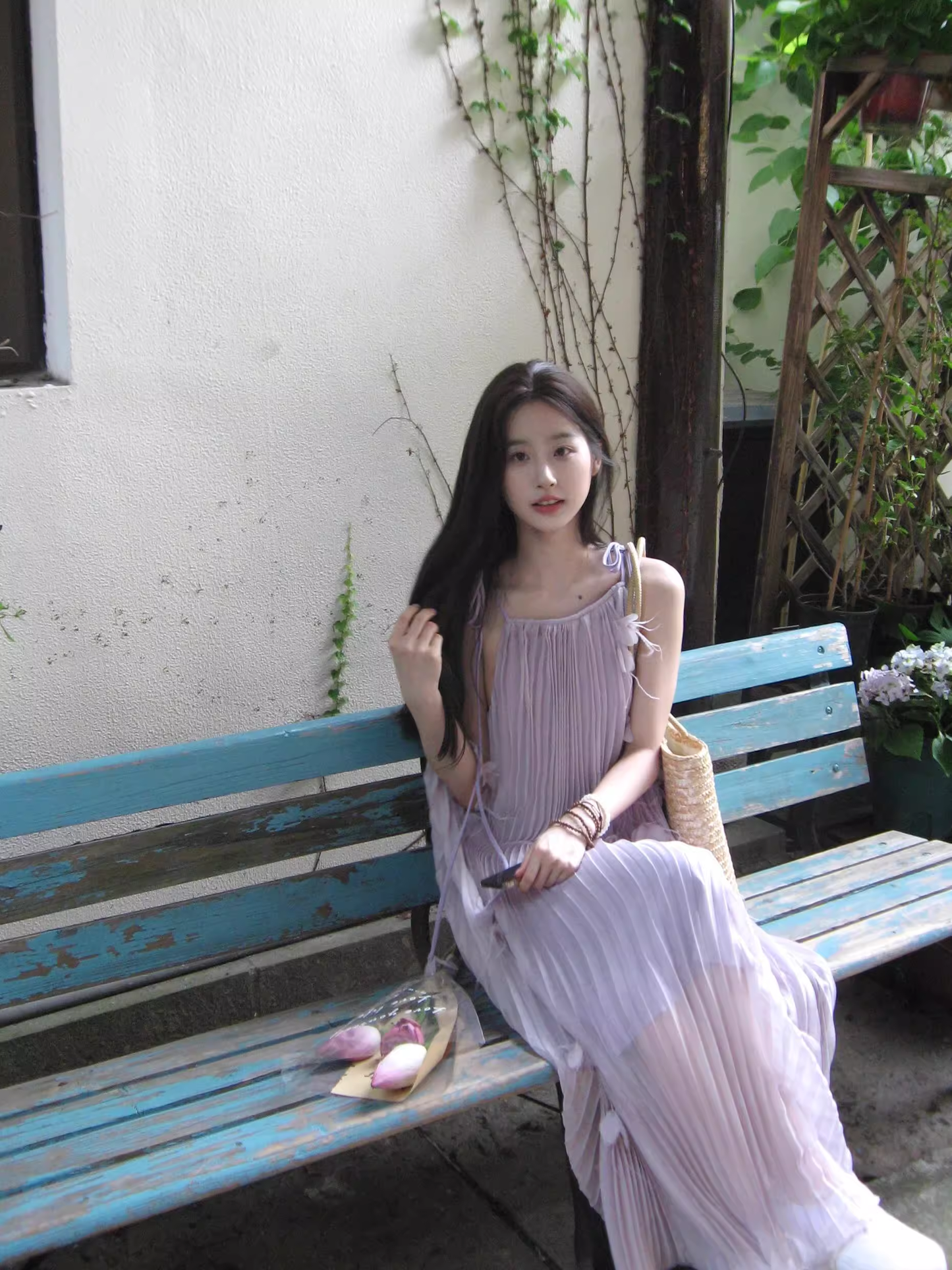 Gentle Style Long Dress Straps Three-Dimensional Flower Fairy Purple Prom Dress YM1656