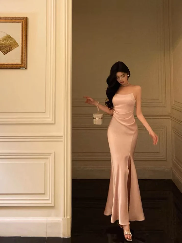Classy Pink Satin Prom Dress Birthday Outfits Evening Gown YM1619