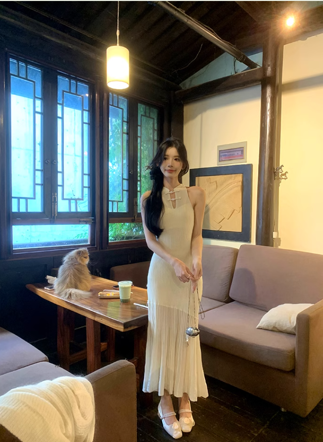Elegant Slimming Cheongsam Collar Knitted Dress Female Fairy Party Dress YM1739
