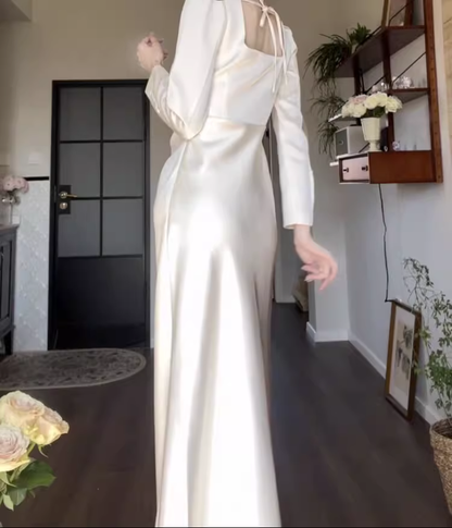 Elegant White Slit Prom Dress Women's Long Sleeve Birthday Dress YM1696