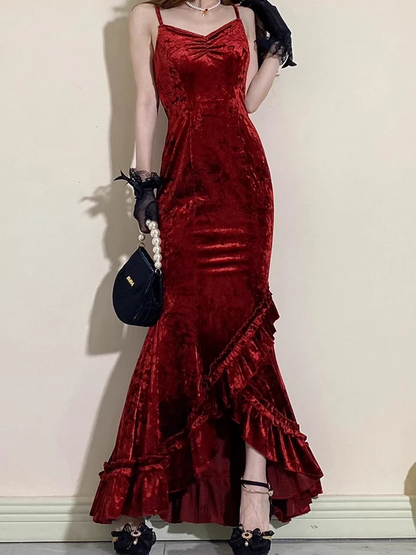 Vintage Mermaid Irregular Ruffled Burgundy Birthday Party Dress YM1603