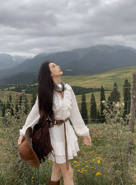 White Long Sleeves Short Dress For Women  YM1745